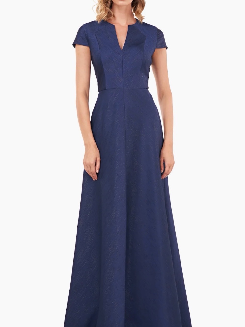 Kay Unger Navy Textured Cap Sleeve V-Neck Maxi Gown